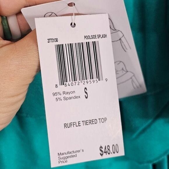 Chelsea and Theodore Aqua Ruffle Tiered Tunic Sz S Stretchy Soft 4 Way Neckline - Picture 8 of 8